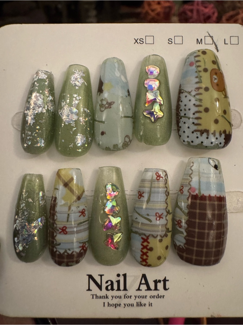 Green Patchwork Teddy Bear Rhinestone Press-On Nails (Medium Length Coffin)